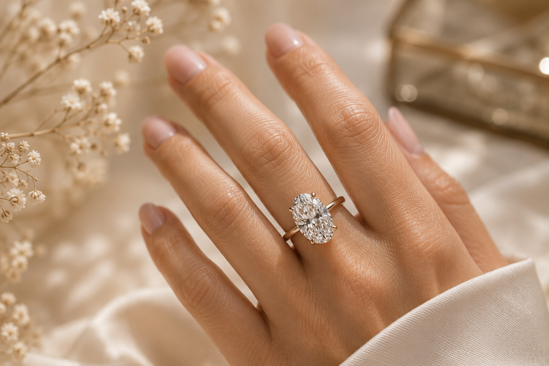 oval lab grown diamond in solitaire style in 14k gold