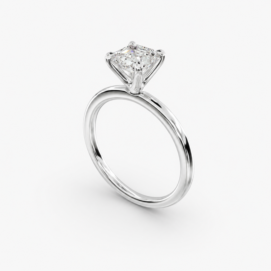 Asscher cut lab grown diamond solitaire engagement ring angle view in 14K white gold angle view