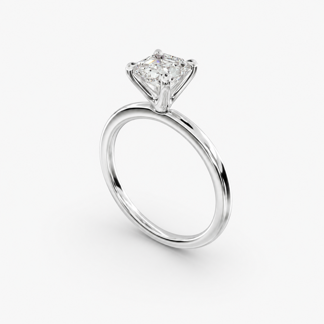 Asscher cut lab grown diamond solitaire engagement ring angle view in 14K white gold angle view