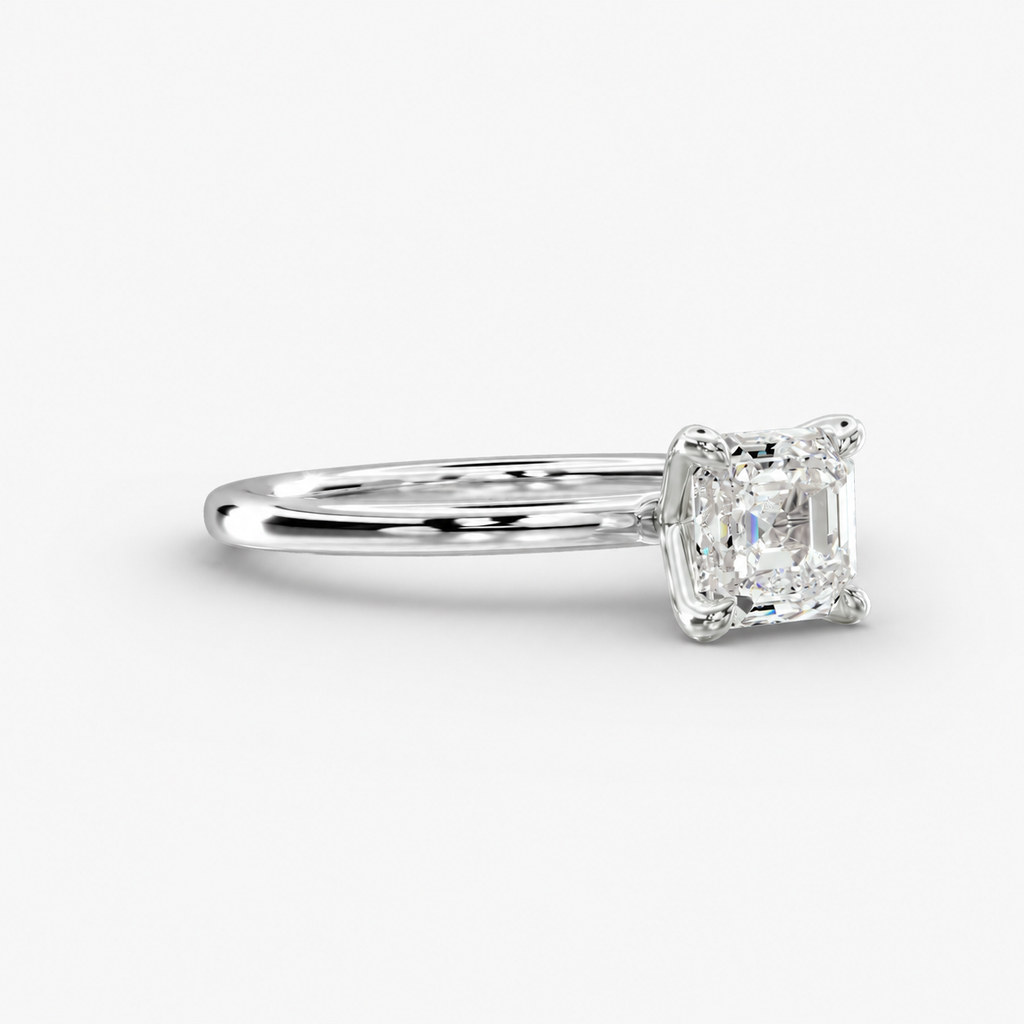 Asscher cut lab grown diamond solitaire engagement ring side view in 14K white gold side view