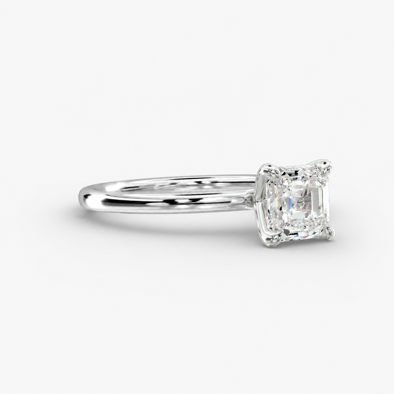 Asscher cut lab grown diamond solitaire engagement ring side view in 14K white gold side view