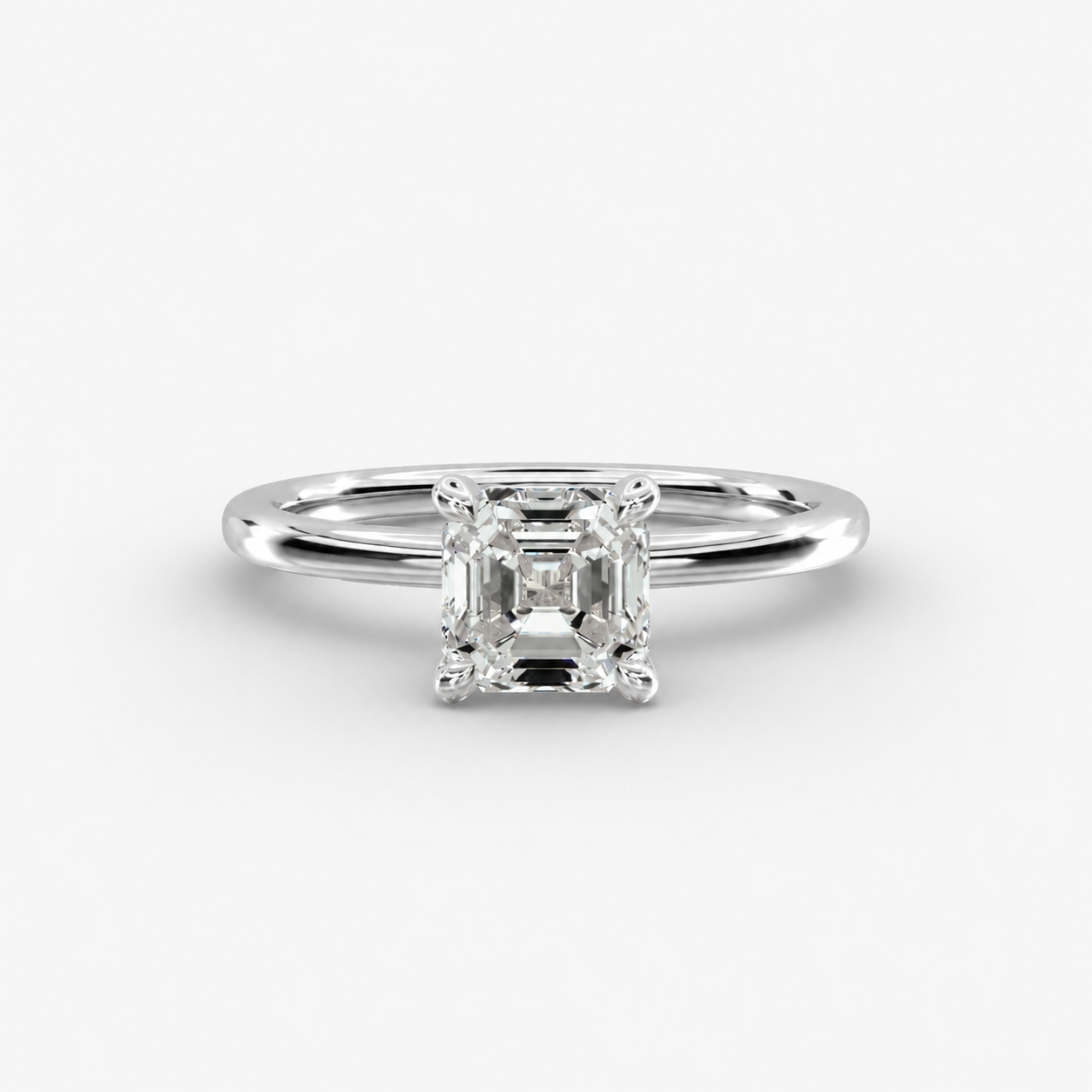 Asscher cut lab grown diamond solitaire engagement ring in 14K white gold.