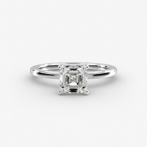 Asscher cut lab grown diamond solitaire engagement ring in 14K white gold.