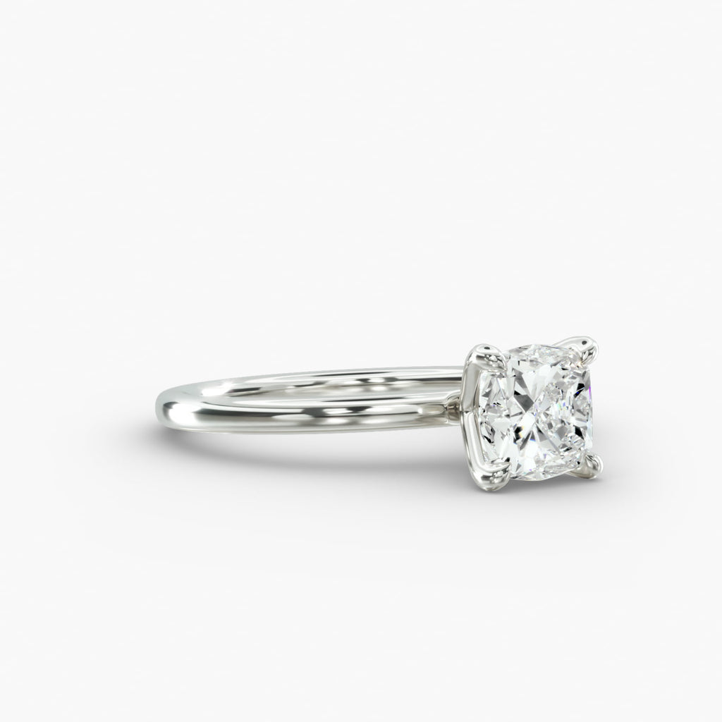 Cushion cut lab grown diamond solitaire engagement ring in 14K white gold side view