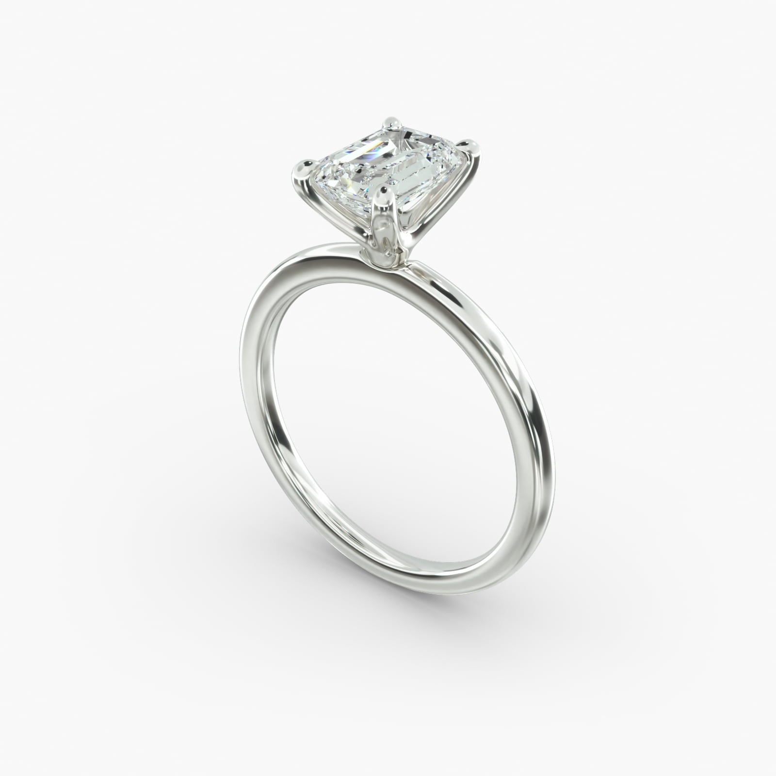 Emerald cut lab grown diamond solitaire engagement ring in 14K white gold angle view