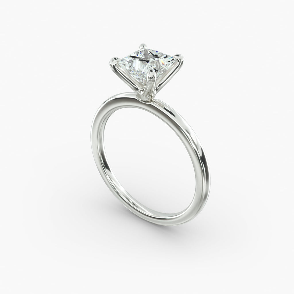 Minimalist princess cut lab grown diamond solitaire ring in 14K white gold angle view