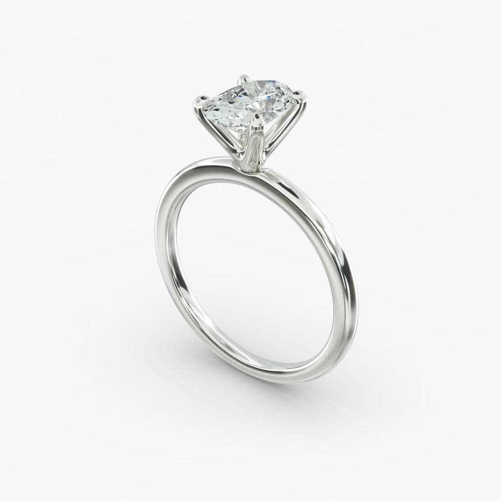 Oval cut lab grown diamond solitaire engagement ring in 14K white gold angle view