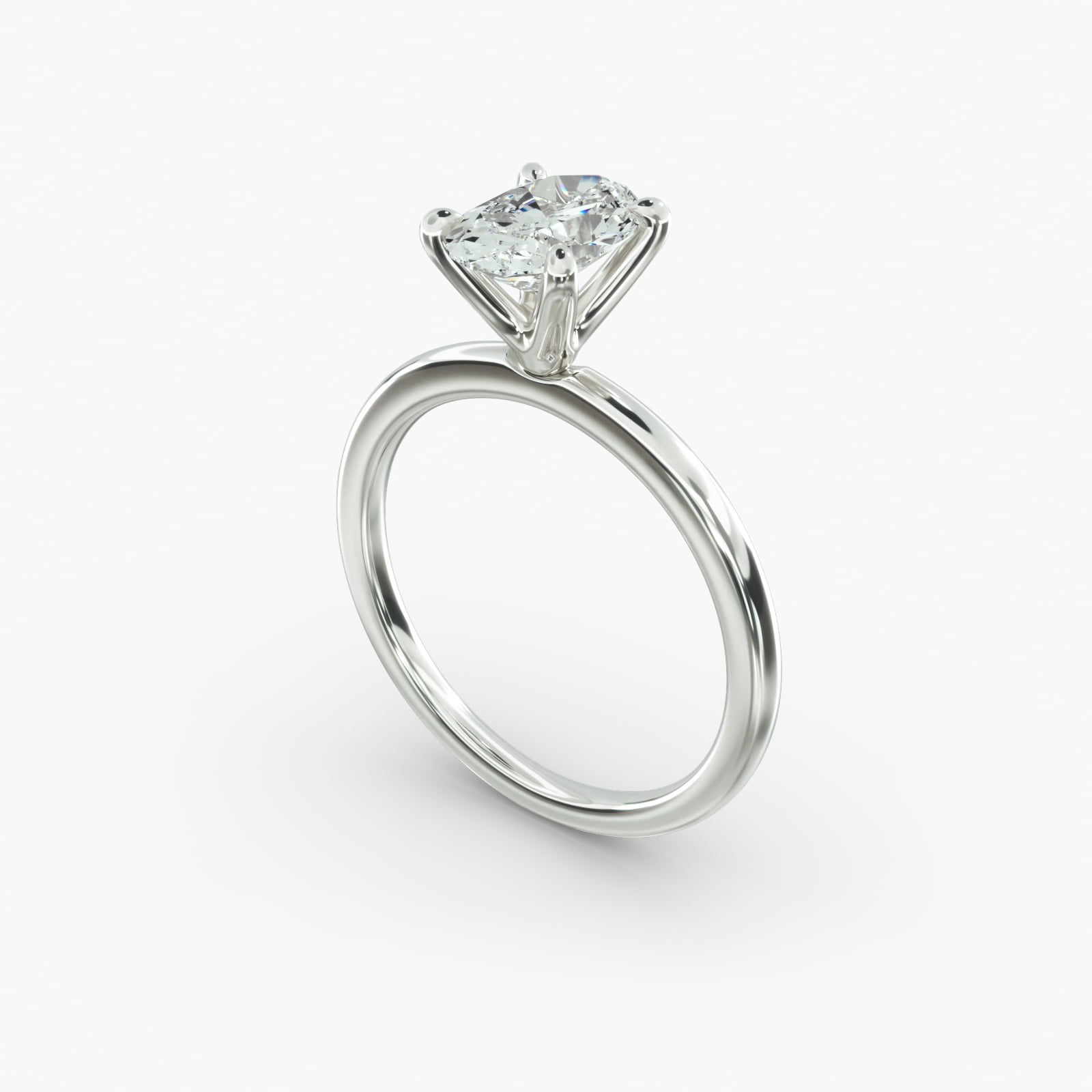 Oval cut lab grown diamond solitaire engagement ring in 14K white gold angle view