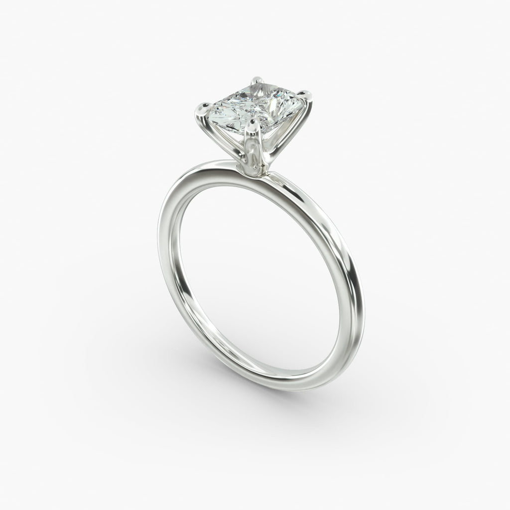 Radiant cut lab grown diamond solitaire engagement ring in 14K white gold angle view