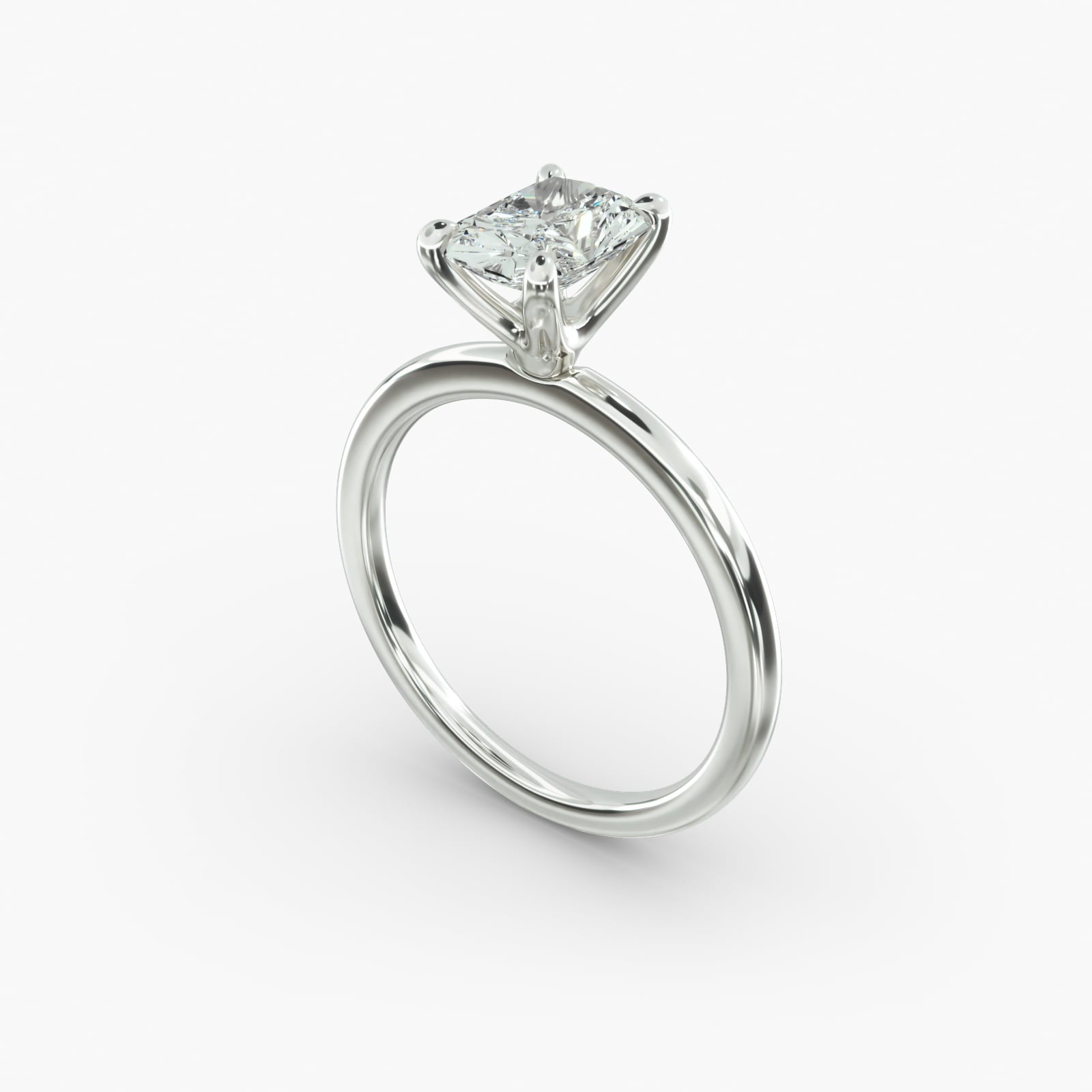 Radiant cut lab grown diamond solitaire engagement ring in 14K white gold angle view
