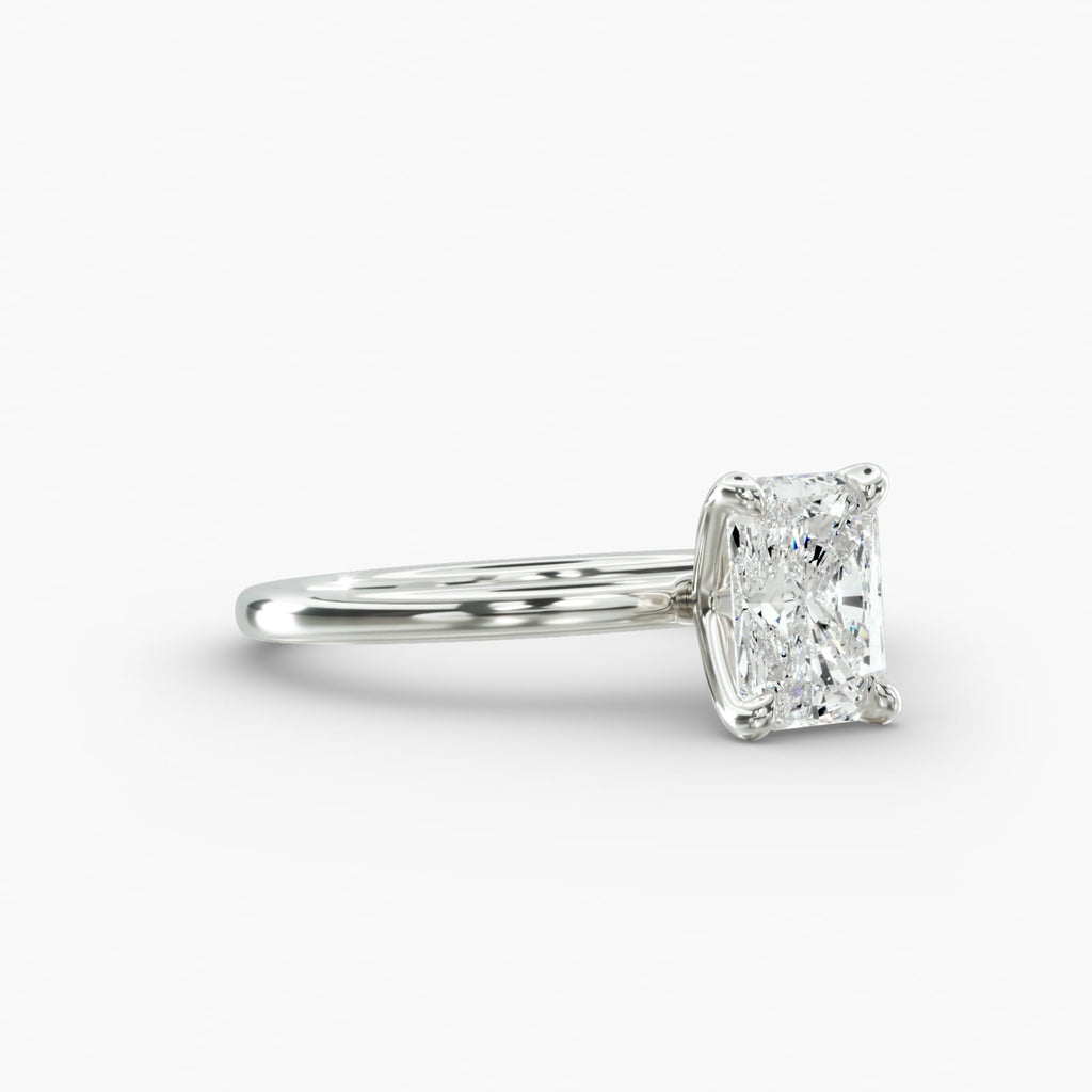 Radiant cut lab grown diamond solitaire engagement ring in 14K white gold side view