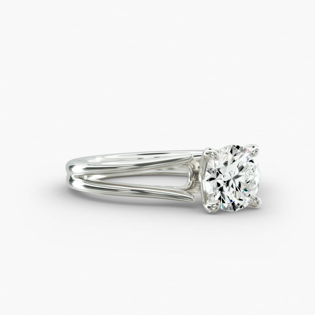 Round cut lab grown diamond split shank solitaire engagement ring in 14K white gold side view