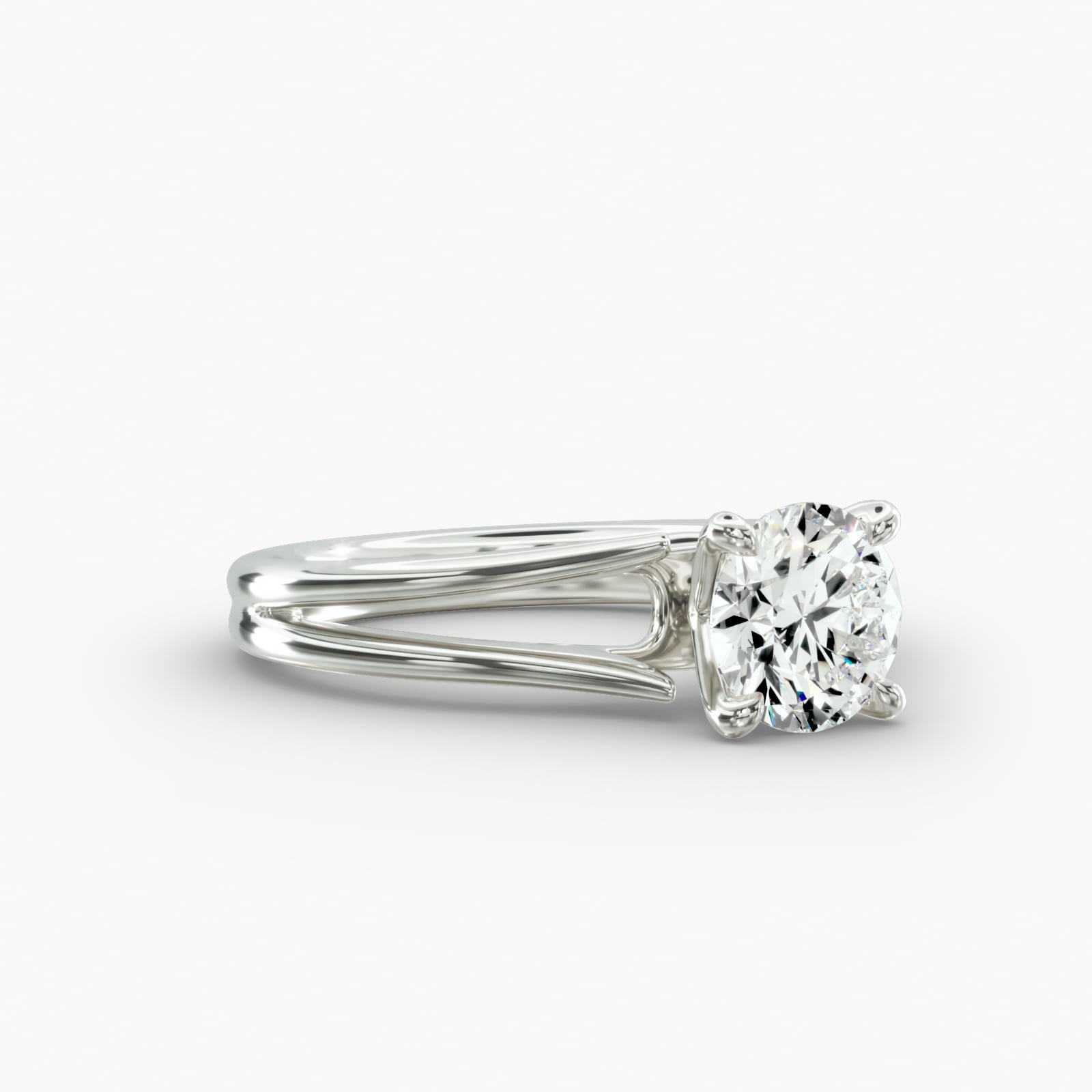 Round cut lab grown diamond split shank solitaire engagement ring in 14K white gold side view